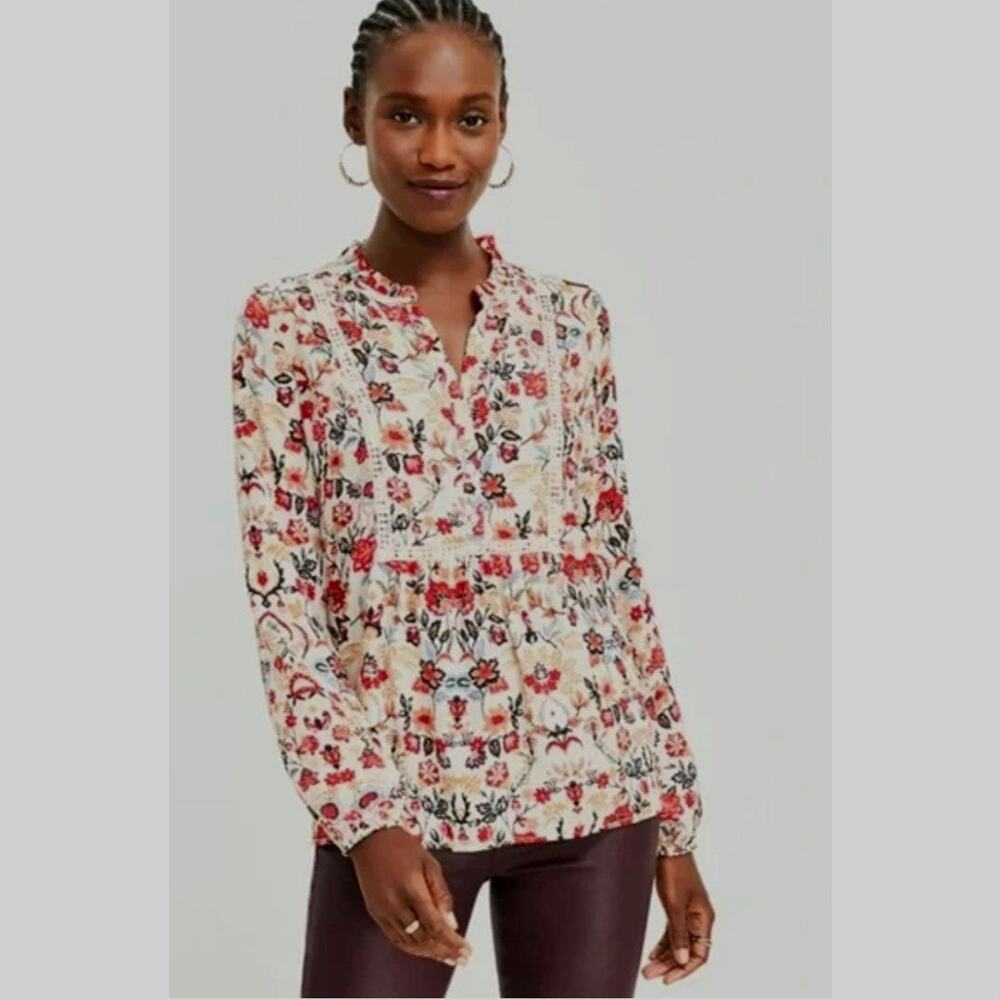 4992)Ann Taylor Loft Cream Forest Lace Trim Floral Boho Cottagecore Blouse Med